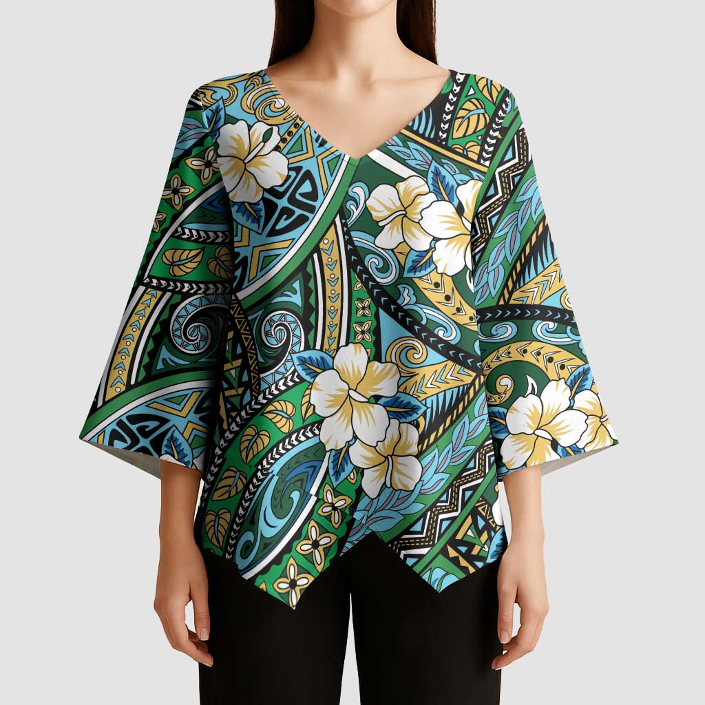 Polynesian Hibiscus Tropical Green Floral Kimono Sleeve Blouse Tribal Pattern - Polynesian Pride
