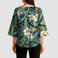 Polynesian Hibiscus Tropical Green Floral Kimono Sleeve Blouse Tribal Pattern - Polynesian Pride