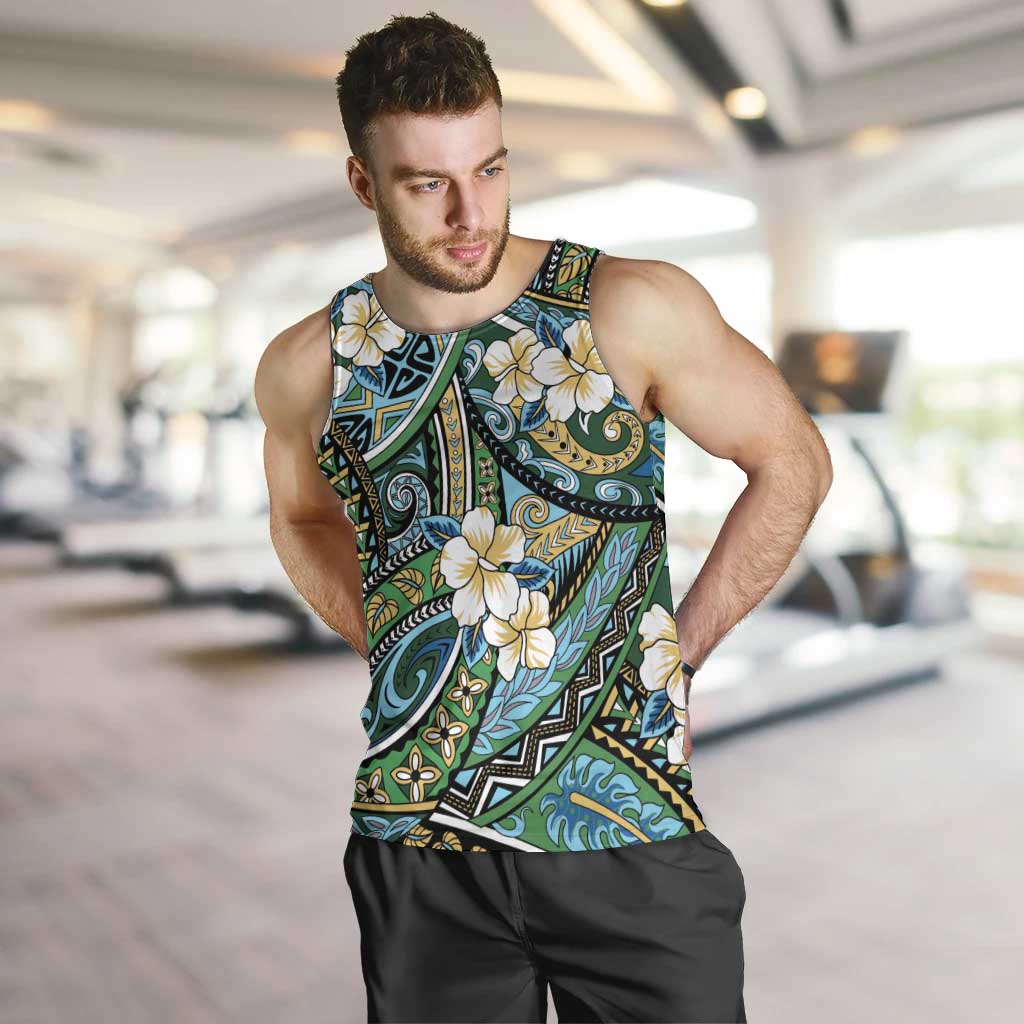 Polynesian Hibiscus Tropical Green Floral Men Tank Top Tribal Pattern - Polynesian Pride