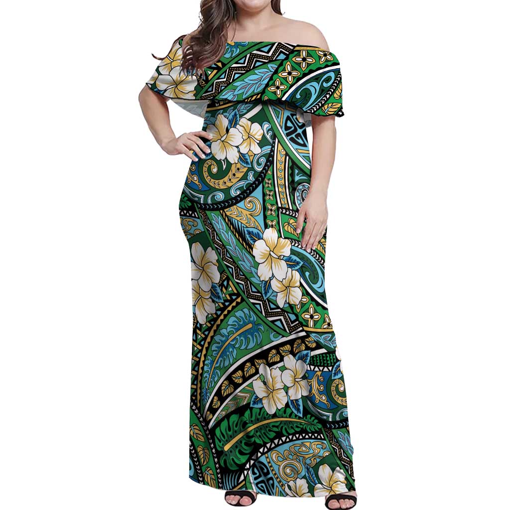 Polynesian Hibiscus Tropical Green Floral Off Shoulder Maxi Dress Tribal Pattern - Polynesian Pride