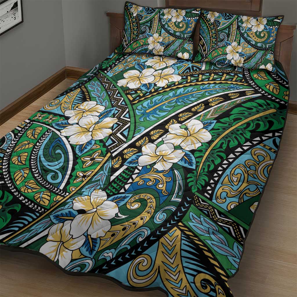 Polynesian Hibiscus Tropical Green Floral Quilt Bed Set Tribal Pattern - Polynesian Pride