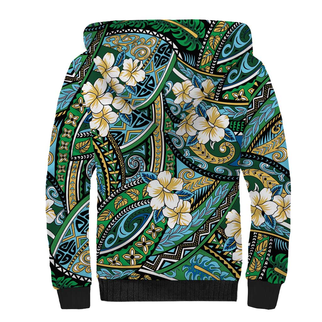 Polynesian Hibiscus Tropical Green Floral Sherpa Hoodie Tribal Pattern - Polynesian Pride