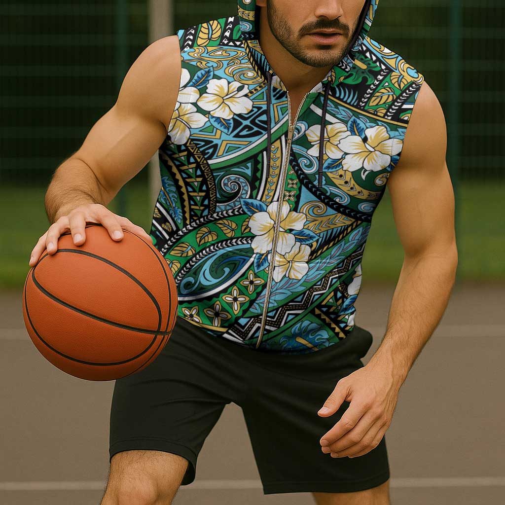 Polynesian Hibiscus Tropical Green Floral Sleeveless Zip Hoodie Tribal Pattern - Polynesian Pride