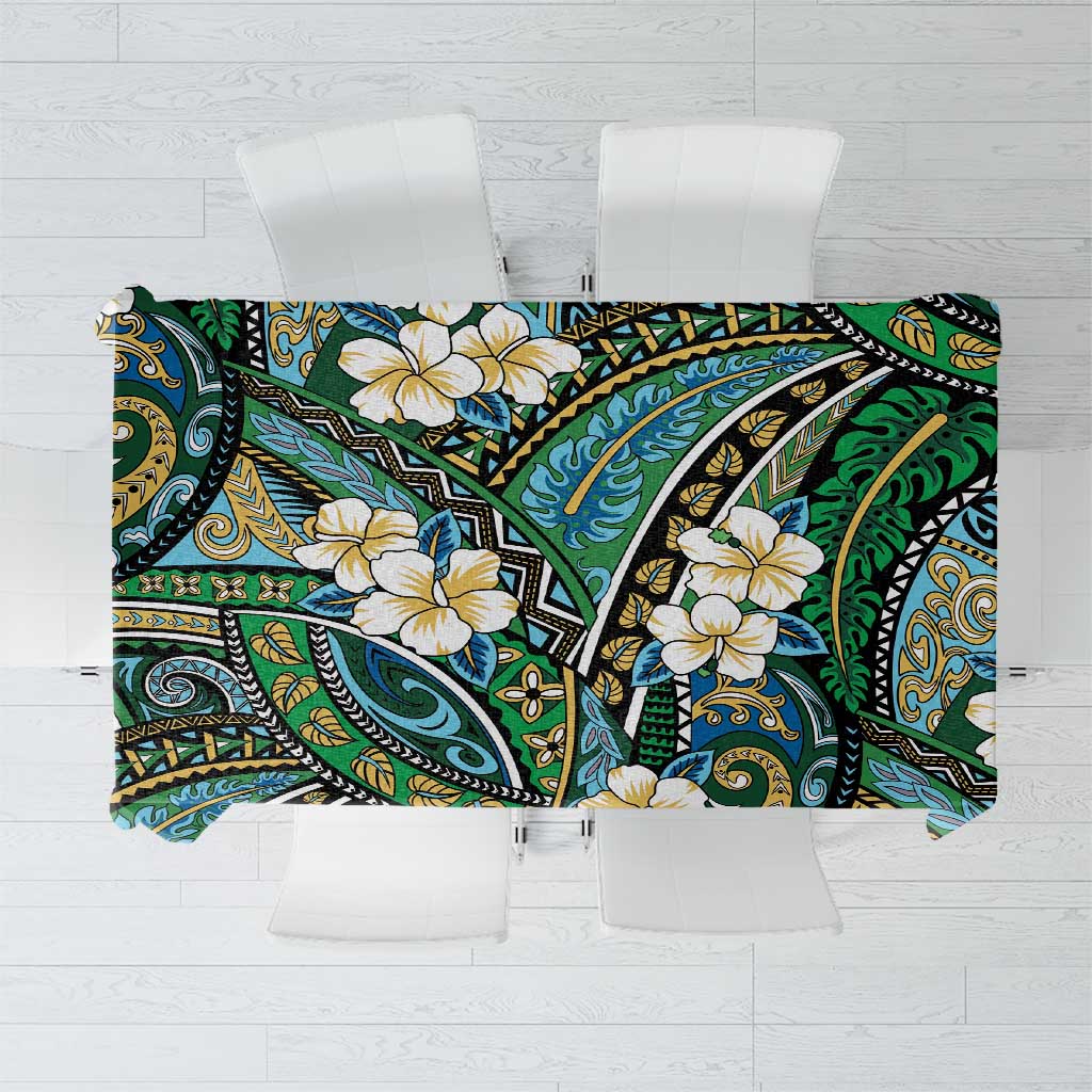 Polynesian Hibiscus Tropical Green Floral Tablecloth Tribal Pattern - Polynesian Pride