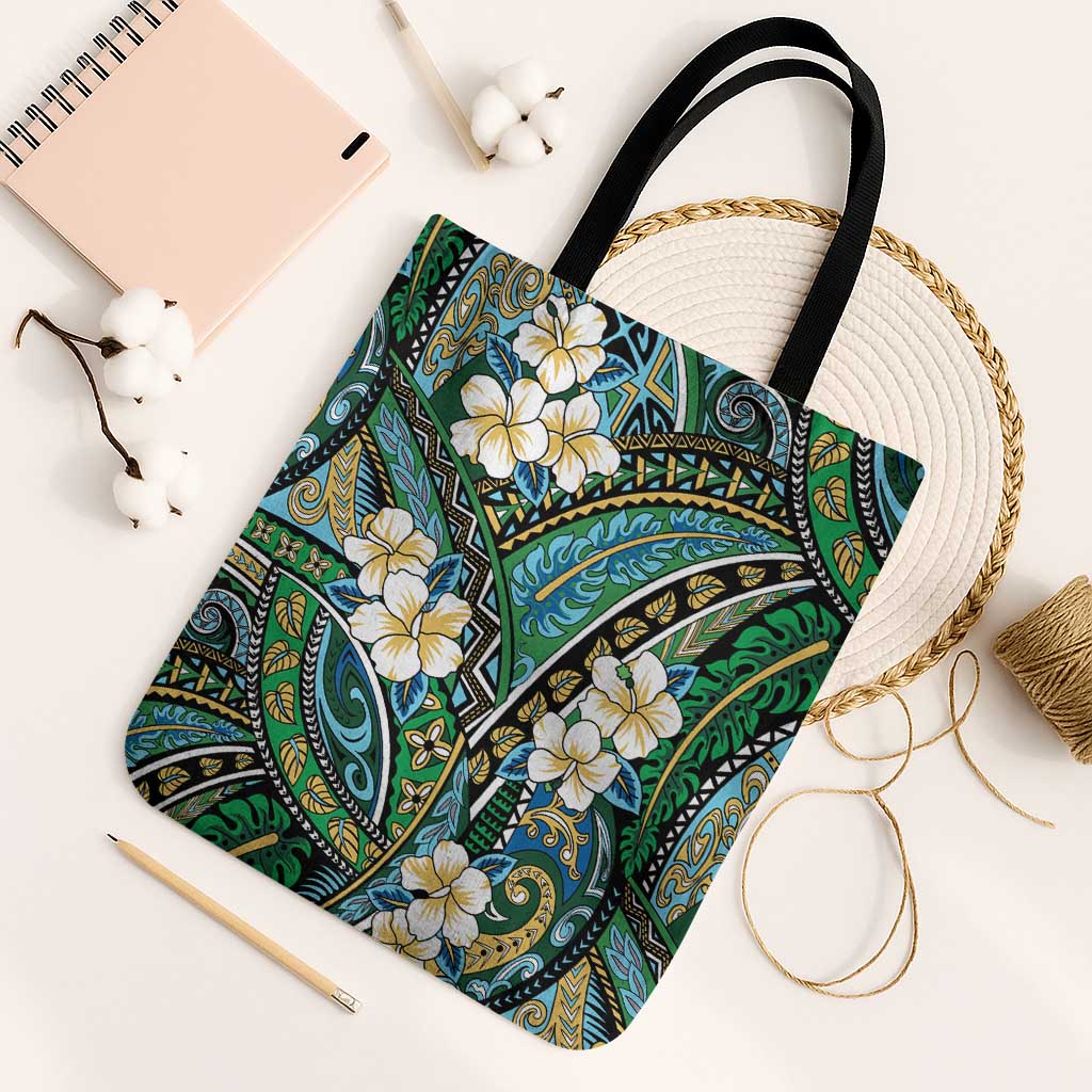 Polynesian Hibiscus Tropical Green Floral Tote Bag Tribal Pattern - Polynesian Pride