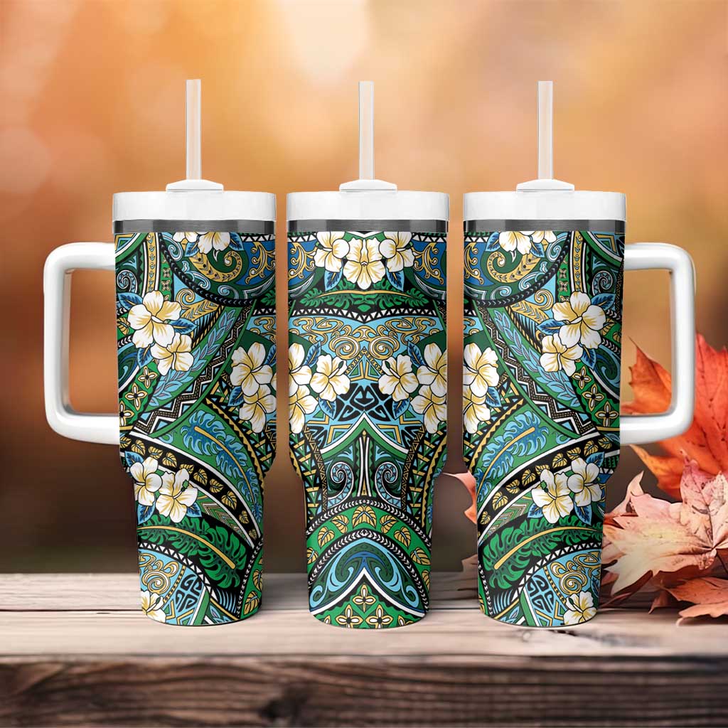 Polynesian Hibiscus Tropical Green Floral Tumbler With Handle Tribal Pattern - Polynesian Pride
