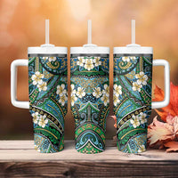 Polynesian Hibiscus Tropical Green Floral Tumbler With Handle Tribal Pattern - Polynesian Pride