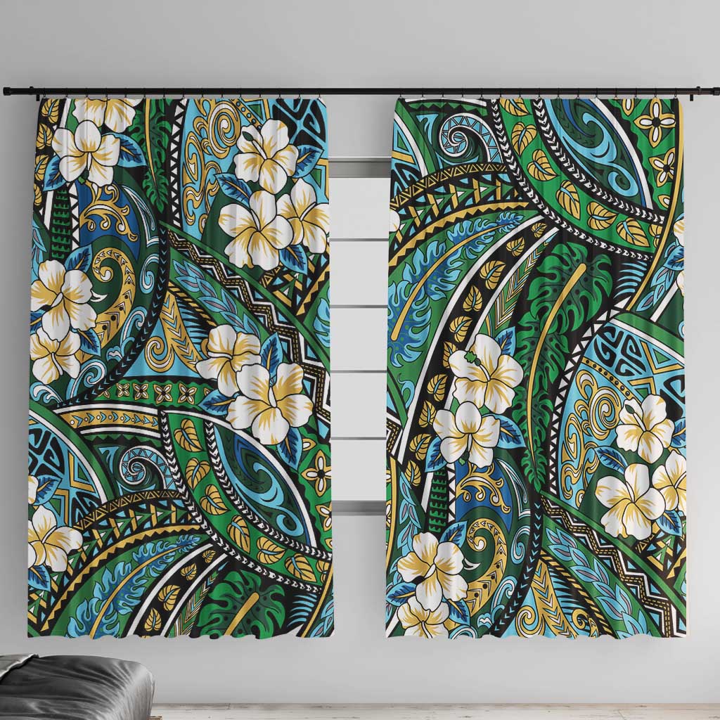 Polynesian Hibiscus Tropical Green Floral Window Curtain Tribal Pattern - Polynesian Pride