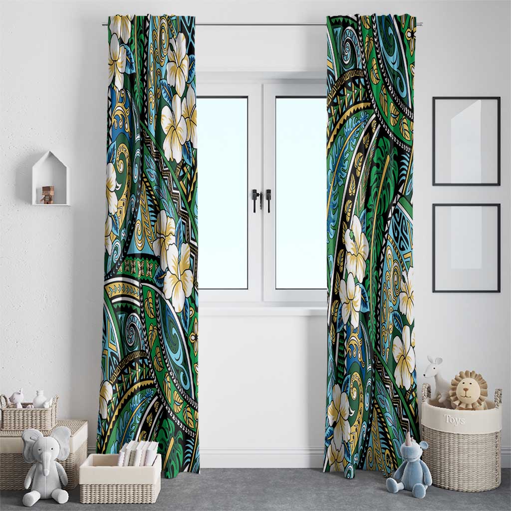 Polynesian Hibiscus Tropical Green Floral Window Curtain Tribal Pattern - Polynesian Pride