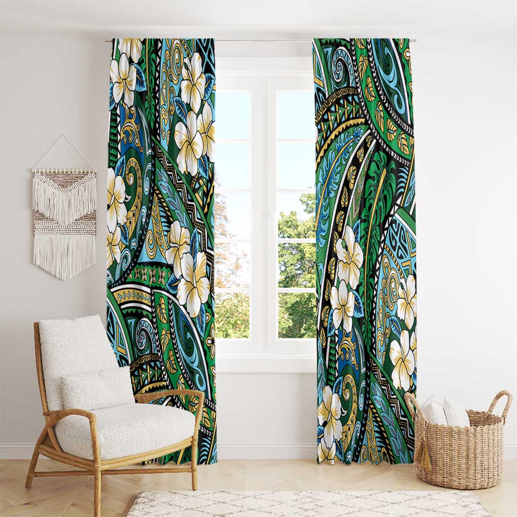 Polynesian Hibiscus Tropical Green Floral Window Curtain Tribal Pattern - Polynesian Pride