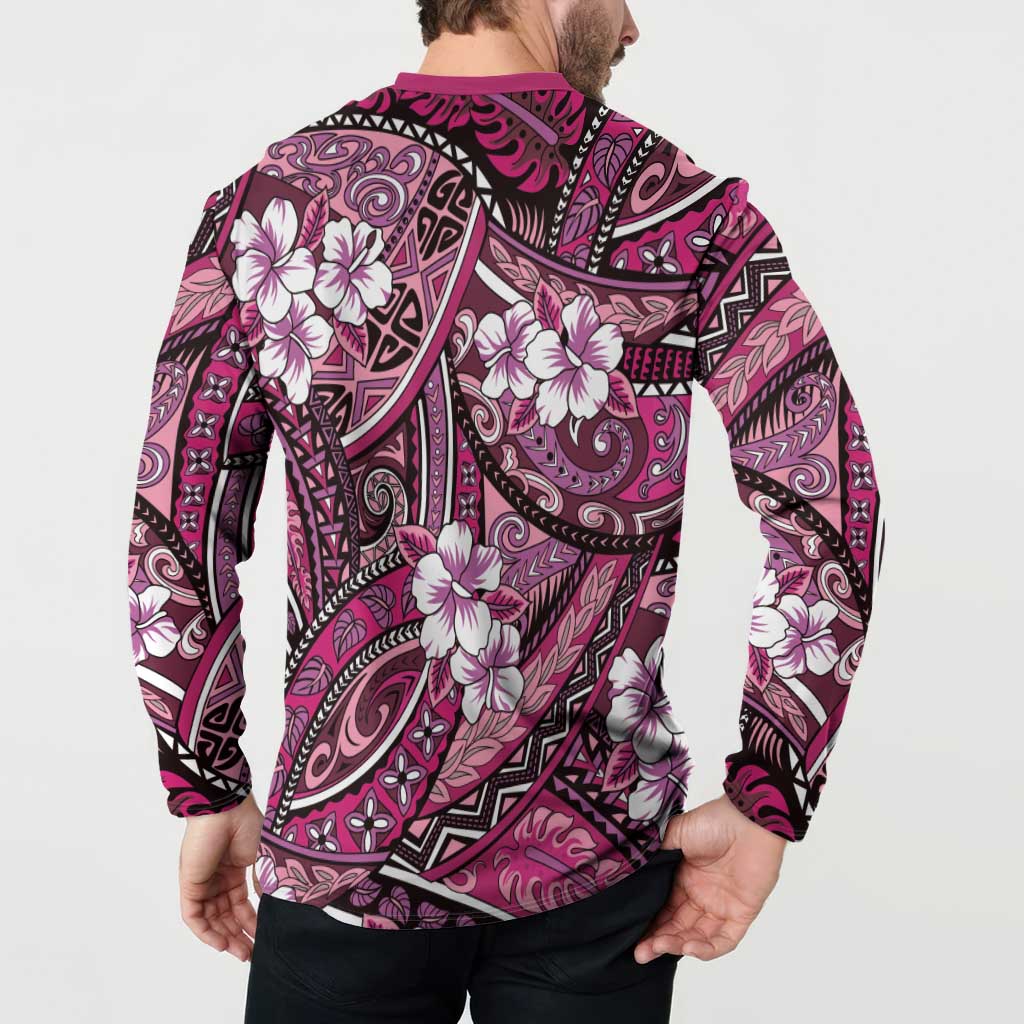 Polynesian Hibiscus Tropical Pink Floral Button Sweatshirt Tribal Pattern LT01 - Polynesian Pride