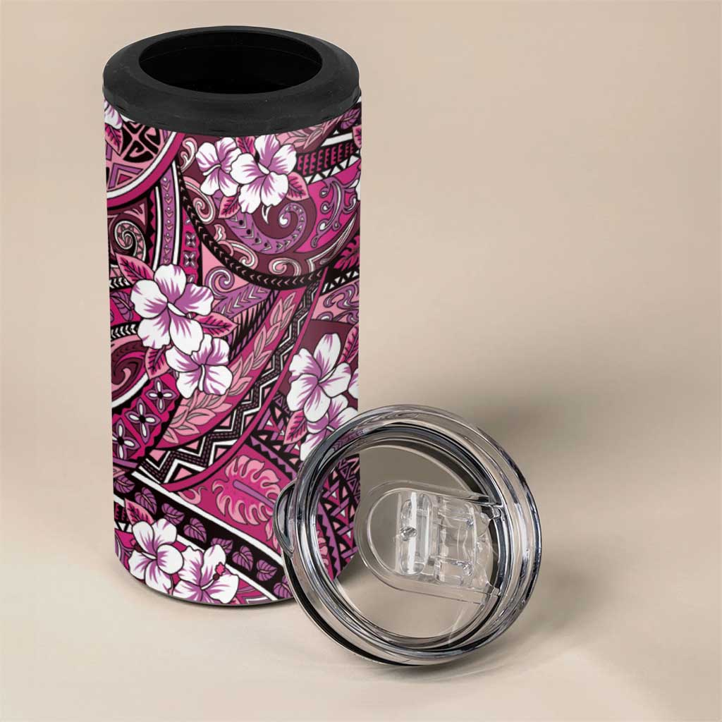 Polynesian Hibiscus Tropical Pink Floral 4 in 1 Can Cooler Tumbler Tribal Pattern - Polynesian Pride