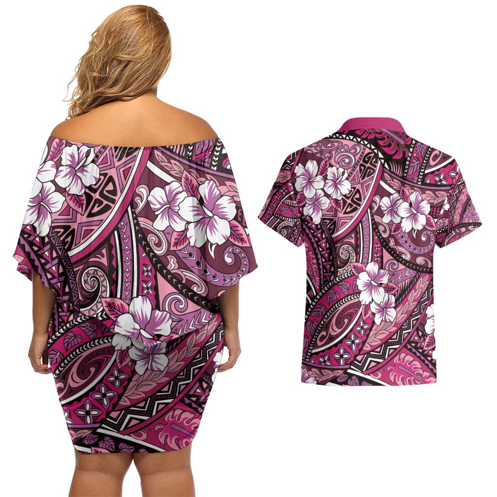 Polynesian Hibiscus Tropical Pink Floral Couples Matching Off Shoulder Short Dress and Hawaiian Shirt Tribal Pattern - Polynesian Pride