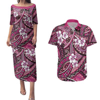 Polynesian Hibiscus Tropical Pink Floral Couples Matching Puletasi and Hawaiian Shirt Tribal Pattern - Polynesian Pride