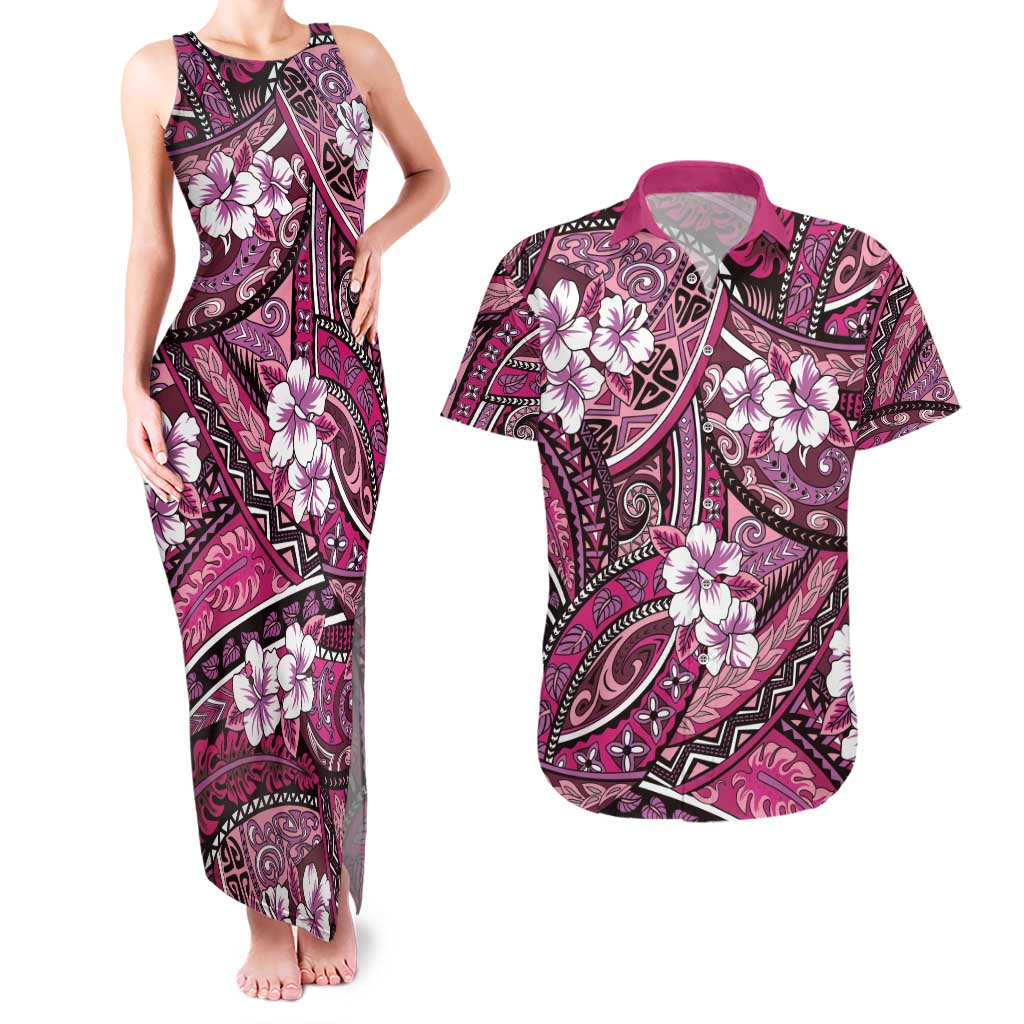 Polynesian Hibiscus Tropical Pink Floral Couples Matching Tank Maxi Dress and Hawaiian Shirt Tribal Pattern - Polynesian Pride