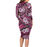 Polynesian Hibiscus Tropical Pink Floral Family Matching Long Sleeve Bodycon Dress and Hawaiian Shirt Tribal Pattern - Polynesian Pride