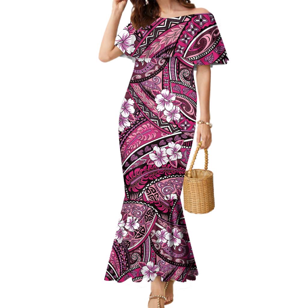 Polynesian Hibiscus Tropical Pink Floral Family Matching Mermaid Dress and Hawaiian Shirt Tribal Pattern - Polynesian Pride