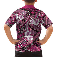 Polynesian Hibiscus Tropical Pink Floral Family Matching Off The Shoulder Long Sleeve Dress and Hawaiian Shirt Tribal Pattern - Polynesian Pride