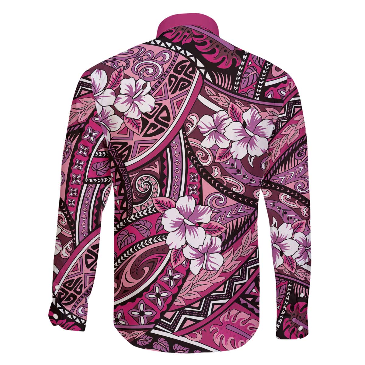 Polynesian Hibiscus Tropical Pink Floral Family Matching Off The Shoulder Long Sleeve Dress and Hawaiian Shirt Tribal Pattern - Polynesian Pride