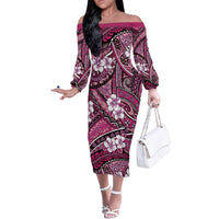Polynesian Hibiscus Tropical Pink Floral Family Matching Off The Shoulder Long Sleeve Dress and Hawaiian Shirt Tribal Pattern - Polynesian Pride