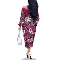 Polynesian Hibiscus Tropical Pink Floral Family Matching Off The Shoulder Long Sleeve Dress and Hawaiian Shirt Tribal Pattern - Polynesian Pride