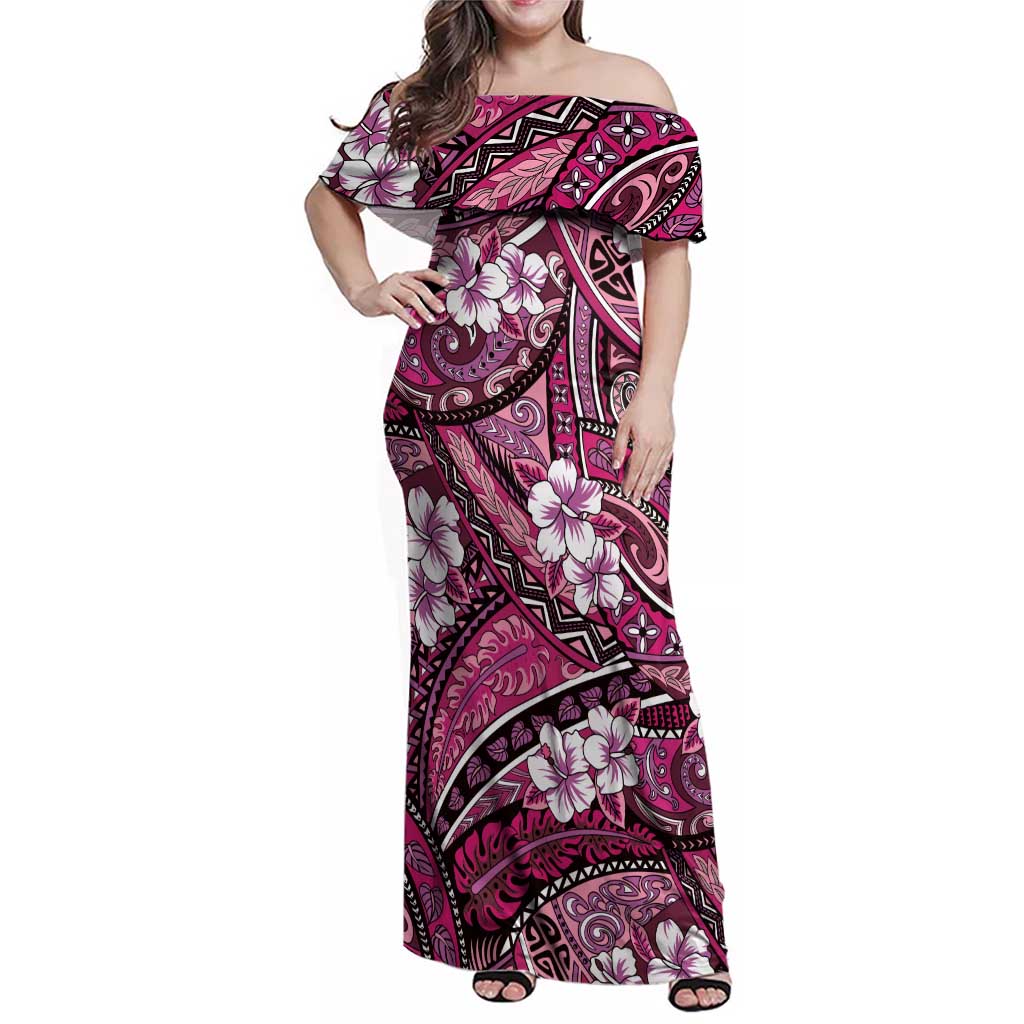 Polynesian Hibiscus Tropical Pink Floral Family Matching Off Shoulder Maxi Dress and Hawaiian Shirt Tribal Pattern - Polynesian Pride