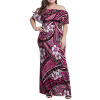 Polynesian Hibiscus Tropical Pink Floral Family Matching Off Shoulder Maxi Dress and Hawaiian Shirt Tribal Pattern - Polynesian Pride