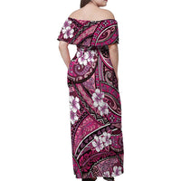 Polynesian Hibiscus Tropical Pink Floral Family Matching Off Shoulder Maxi Dress and Hawaiian Shirt Tribal Pattern - Polynesian Pride
