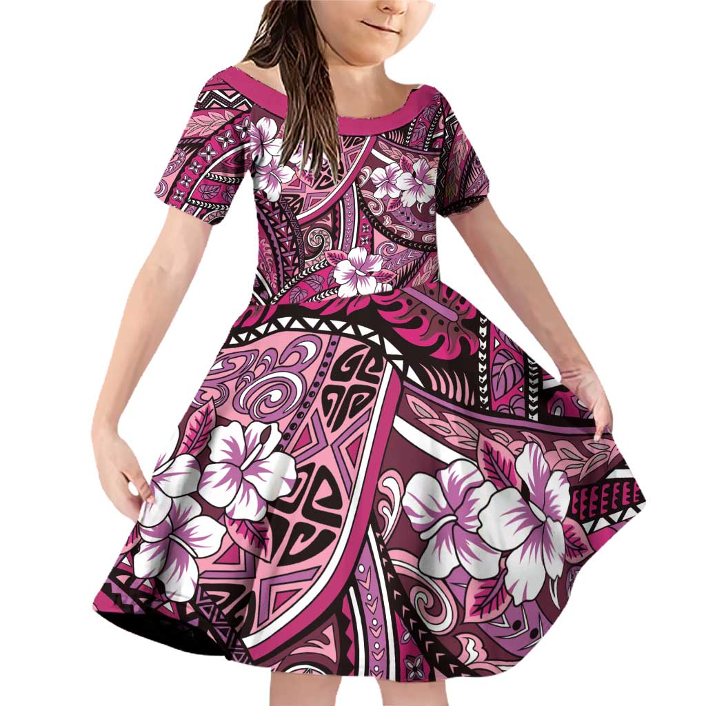 Polynesian Hibiscus Tropical Pink Floral Family Matching Off Shoulder Short Dress and Hawaiian Shirt Tribal Pattern - Polynesian Pride