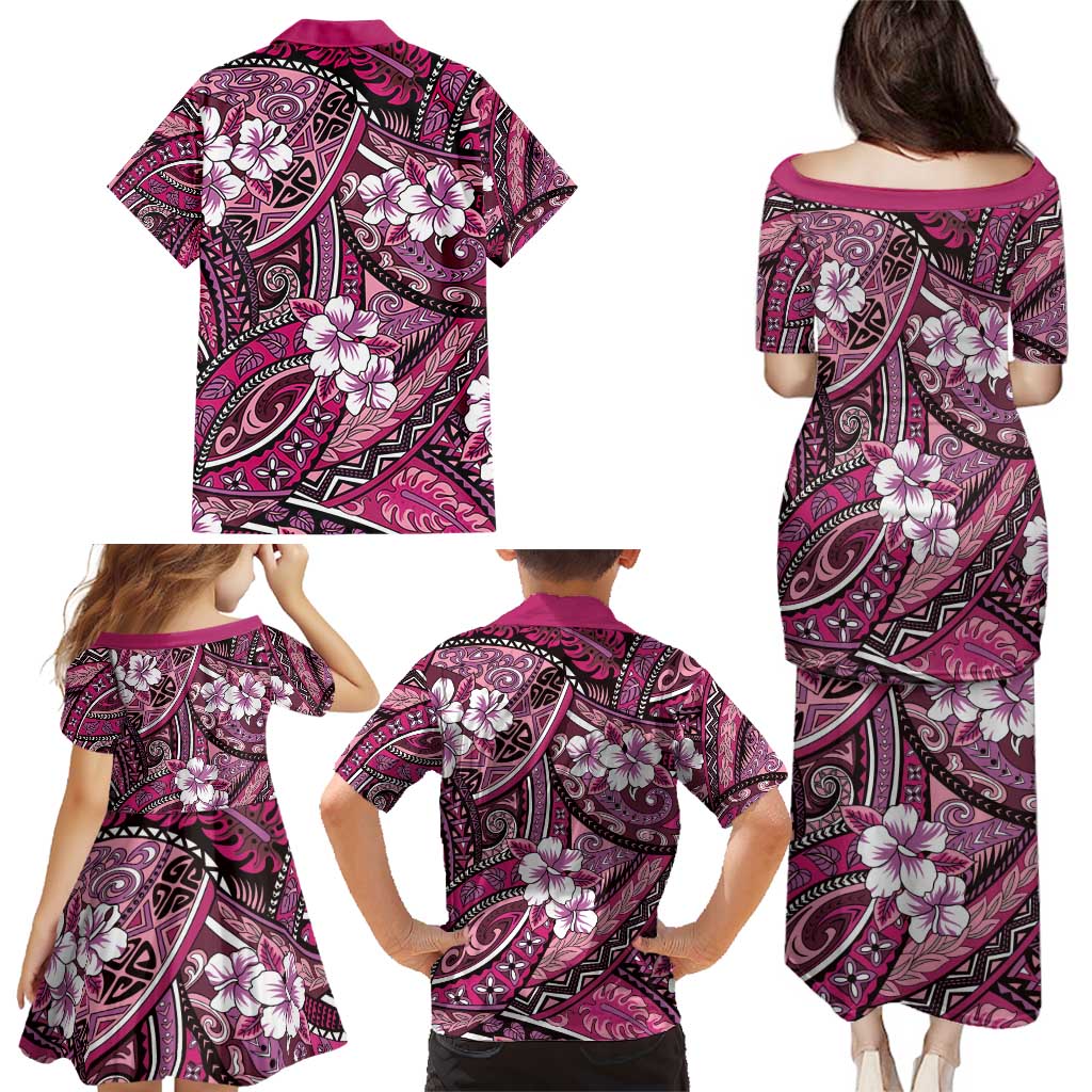 Polynesian Hibiscus Tropical Pink Floral Family Matching Puletasi and Hawaiian Shirt Tribal Pattern - Polynesian Pride