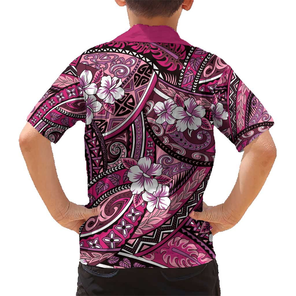 Polynesian Hibiscus Tropical Pink Floral Family Matching Short Sleeve Bodycon Dress and Hawaiian Shirt Tribal Pattern - Polynesian Pride