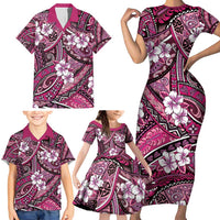 Polynesian Hibiscus Tropical Pink Floral Family Matching Short Sleeve Bodycon Dress and Hawaiian Shirt Tribal Pattern - Polynesian Pride