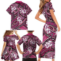 Polynesian Hibiscus Tropical Pink Floral Family Matching Short Sleeve Bodycon Dress and Hawaiian Shirt Tribal Pattern - Polynesian Pride