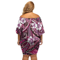 Polynesian Hibiscus Tropical Pink Floral Off Shoulder Short Dress Tribal Pattern - Polynesian Pride