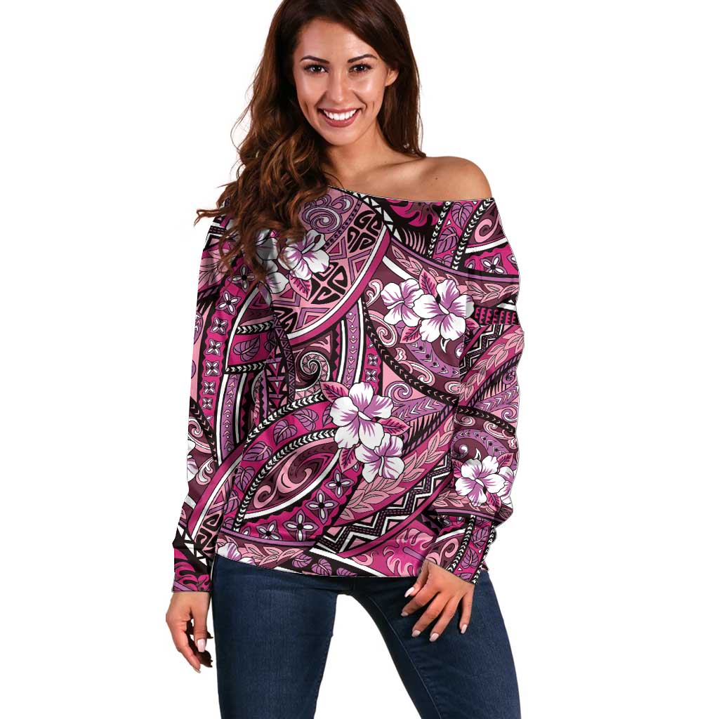 Polynesian Hibiscus Tropical Pink Floral Off Shoulder Sweater Tribal Pattern - Polynesian Pride