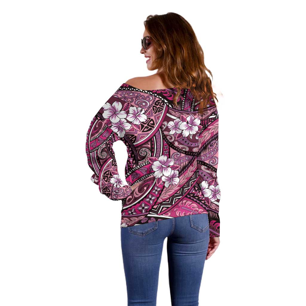 Polynesian Hibiscus Tropical Pink Floral Off Shoulder Sweater Tribal Pattern - Polynesian Pride