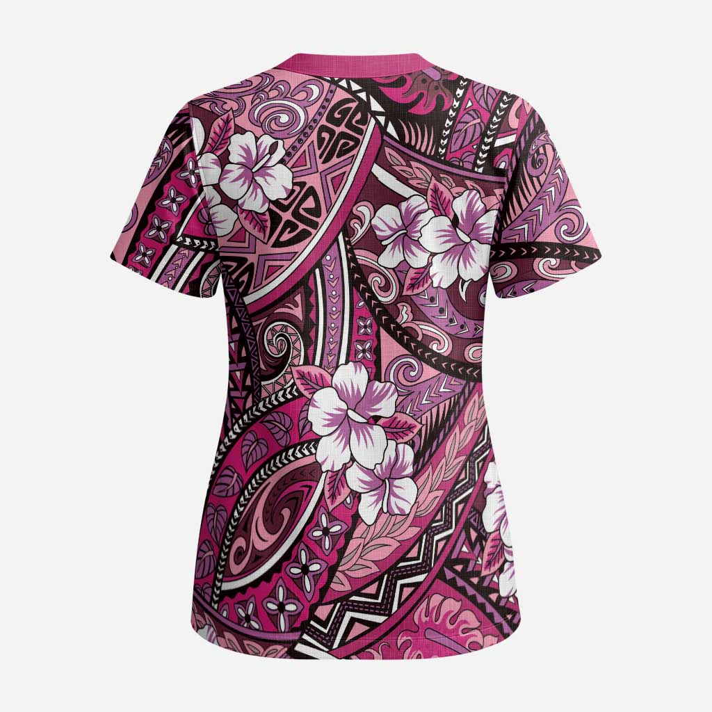 Polynesian Hibiscus Tropical Pink Floral Scrub Top Tribal Pattern - Polynesian Pride