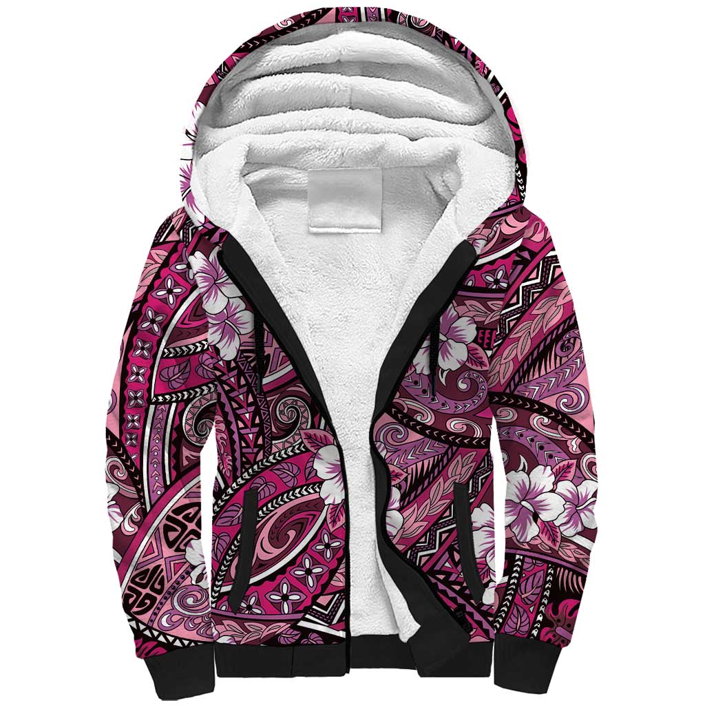 Polynesian Hibiscus Tropical Pink Floral Sherpa Hoodie Tribal Pattern - Polynesian Pride