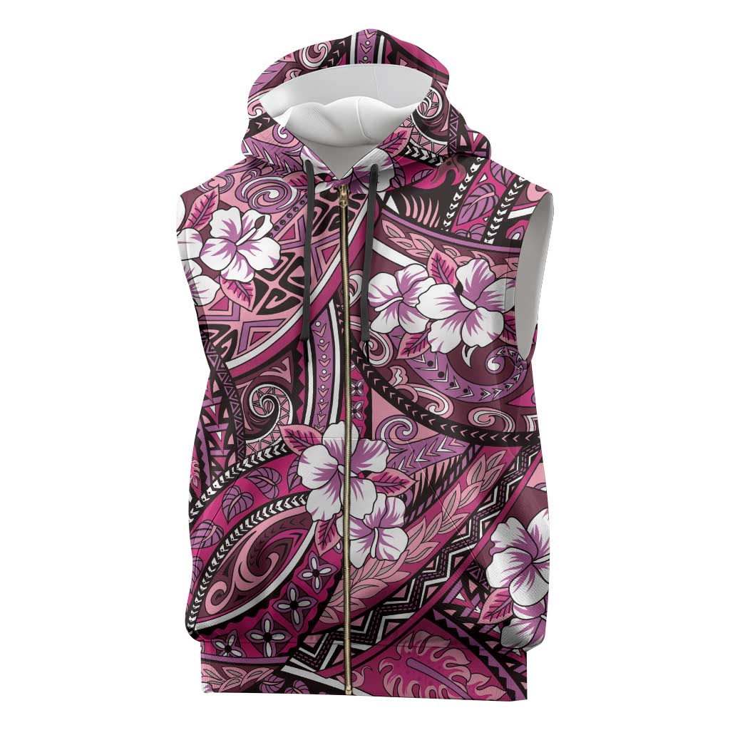 Polynesian Hibiscus Tropical Pink Floral Sleeveless Zip Hoodie Tribal Pattern - Polynesian Pride