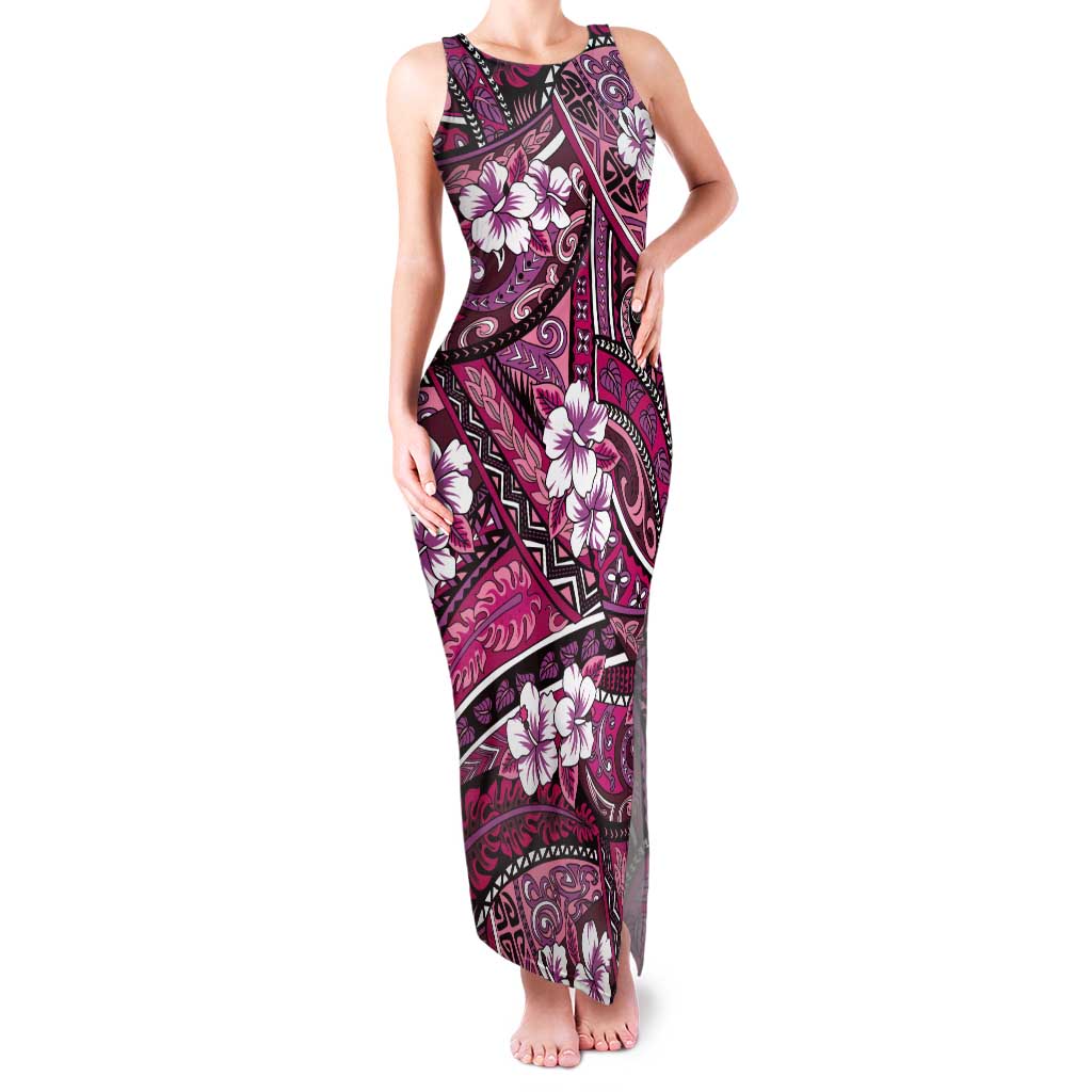Polynesian Hibiscus Tropical Pink Floral Tank Maxi Dress Tribal Pattern - Polynesian Pride