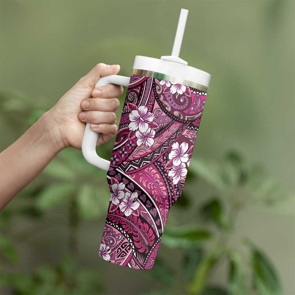 Polynesian Hibiscus Tropical Pink Floral Tumbler With Handle Tribal Pattern - Polynesian Pride