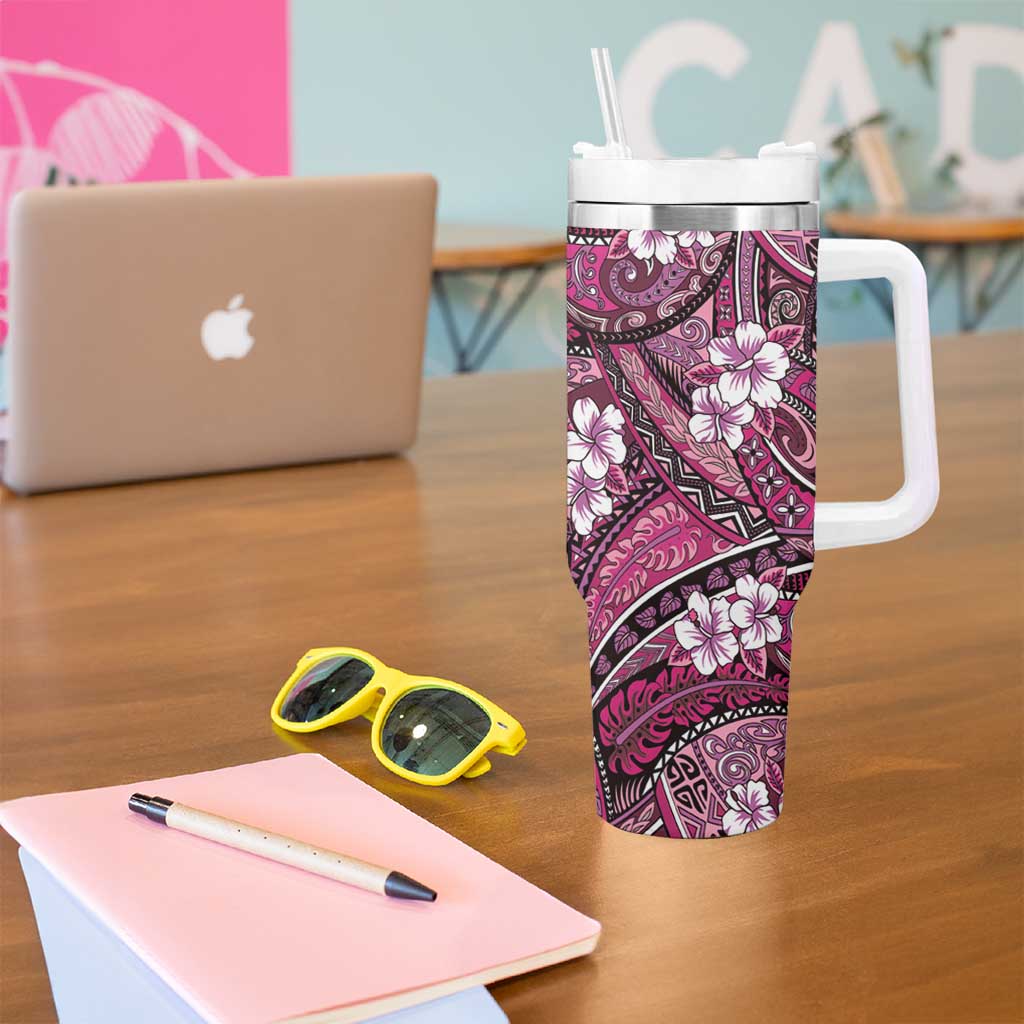 Polynesian Hibiscus Tropical Pink Floral Tumbler With Handle Tribal Pattern - Polynesian Pride