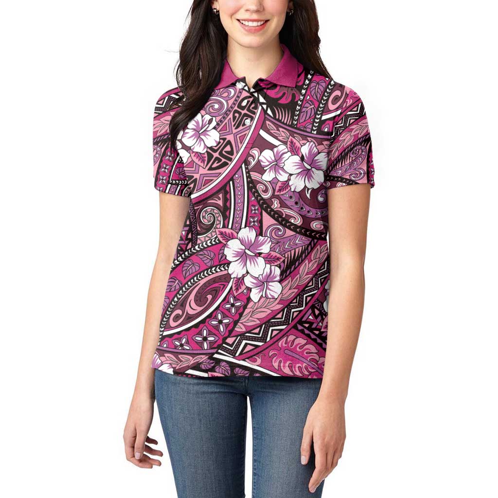 Polynesian Hibiscus Tropical Pink Floral Women Polo Shirt Tribal Pattern - Polynesian Pride
