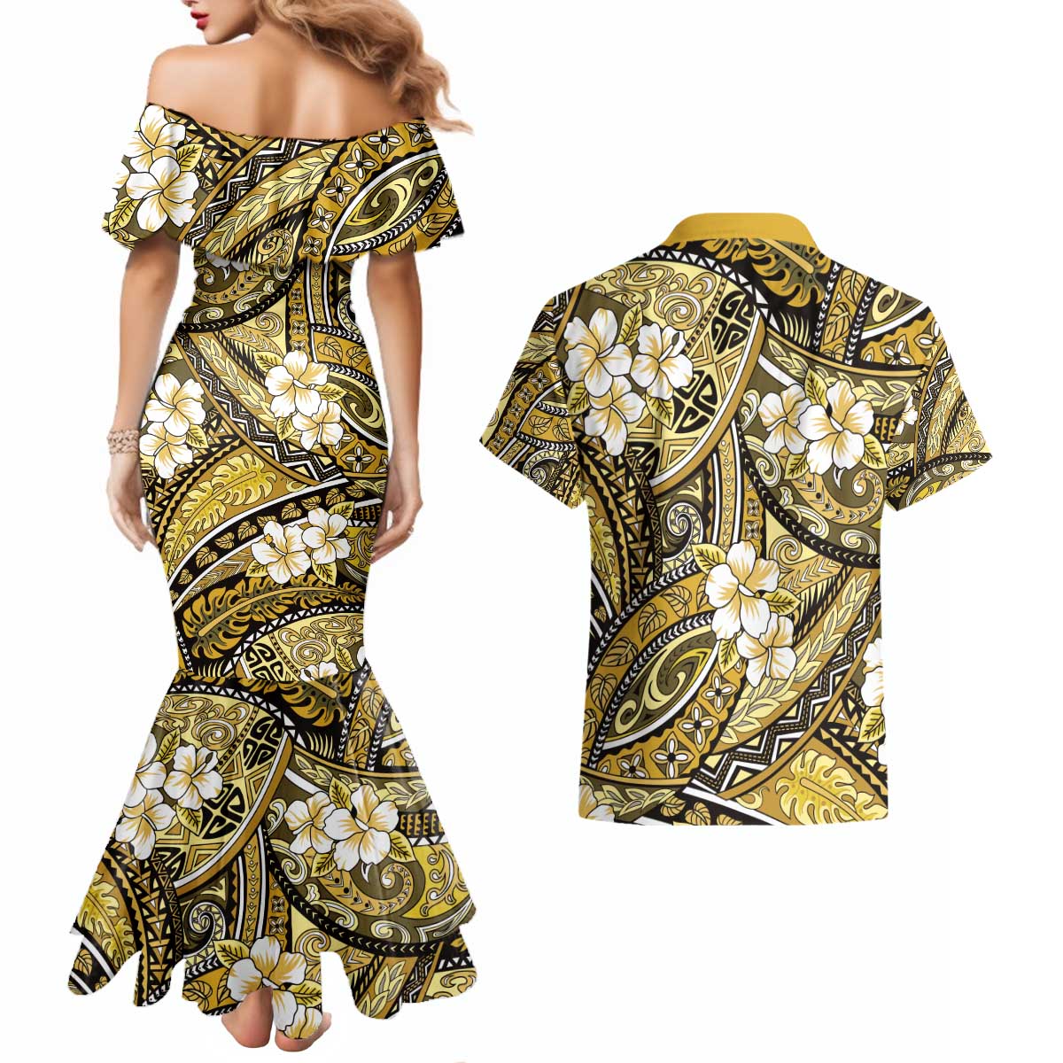 Polynesian Hibiscus Tropical Yellow Floral Couples Matching Mermaid Dress and Hawaiian Shirt Tribal Pattern - Polynesian Pride