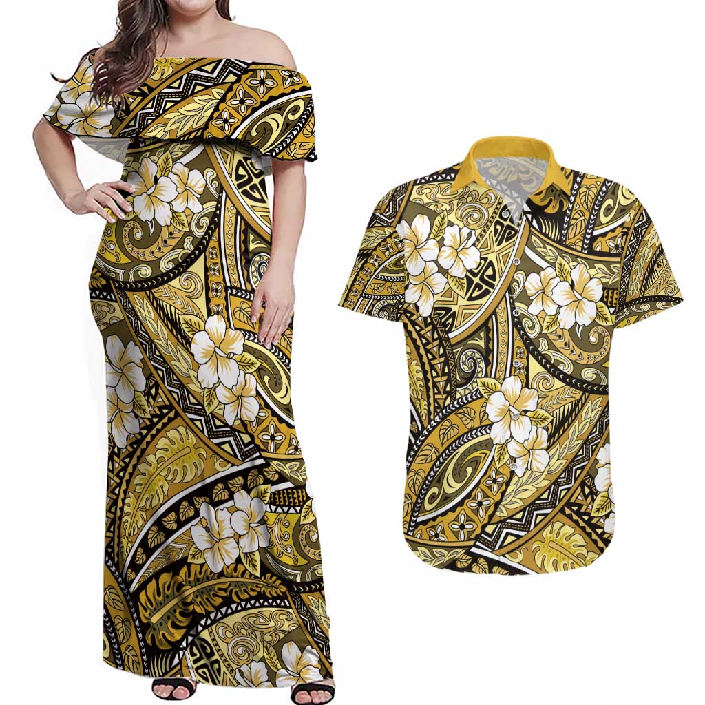 Polynesian Hibiscus Tropical Yellow Floral Couples Matching Off Shoulder Maxi Dress and Hawaiian Shirt Tribal Pattern - Polynesian Pride