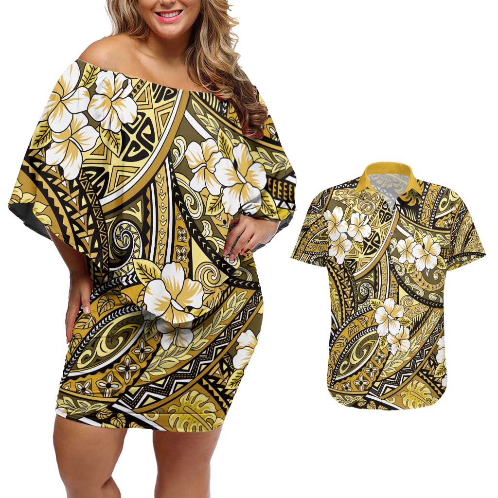 Polynesian Hibiscus Tropical Yellow Floral Couples Matching Off Shoulder Short Dress and Hawaiian Shirt Tribal Pattern - Polynesian Pride
