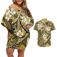 Polynesian Hibiscus Tropical Yellow Floral Couples Matching Off Shoulder Short Dress and Hawaiian Shirt Tribal Pattern - Polynesian Pride