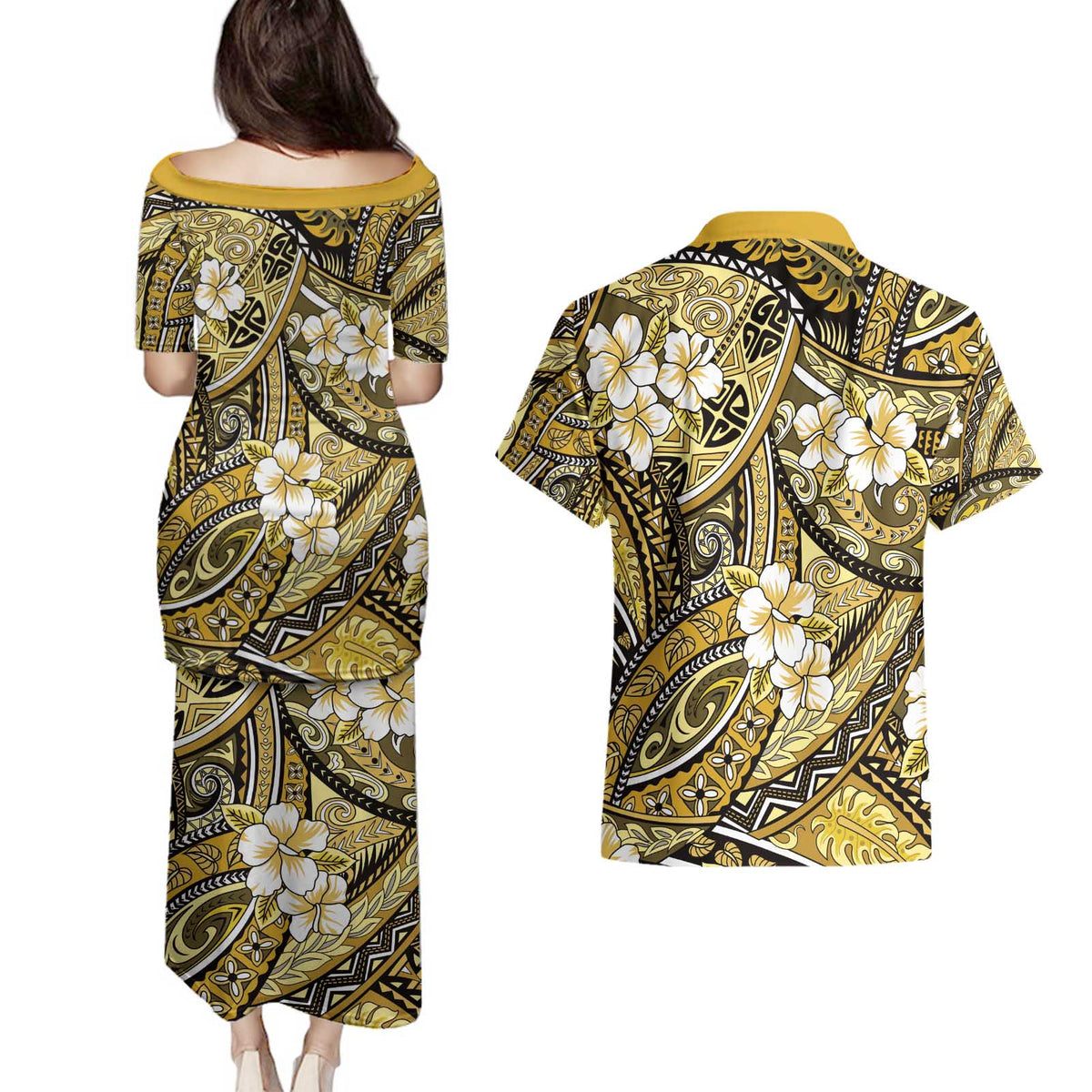 Polynesian Hibiscus Tropical Yellow Floral Couples Matching Puletasi and Hawaiian Shirt Tribal Pattern - Polynesian Pride