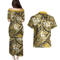 Polynesian Hibiscus Tropical Yellow Floral Couples Matching Puletasi and Hawaiian Shirt Tribal Pattern - Polynesian Pride