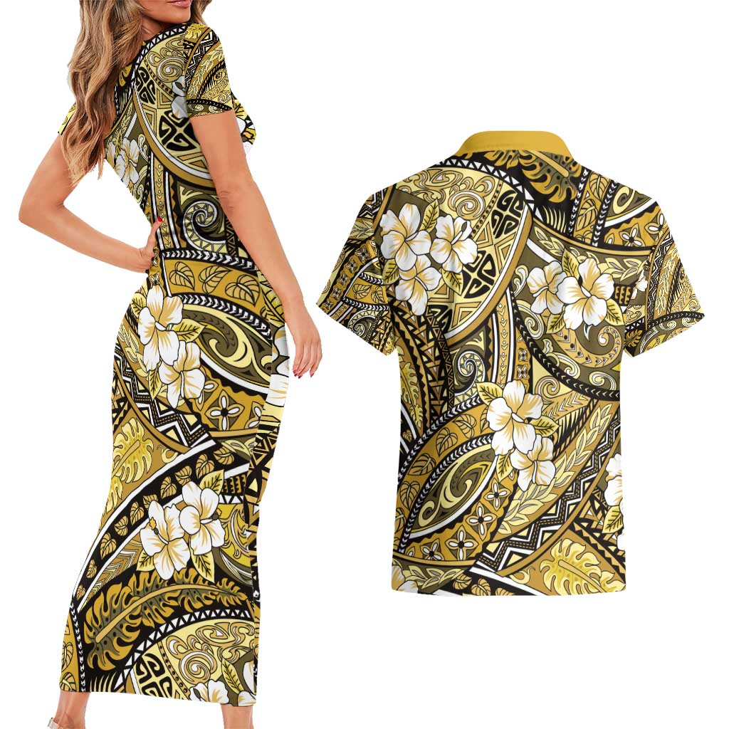Polynesian Hibiscus Tropical Yellow Floral Couples Matching Short Sleeve Bodycon Dress and Hawaiian Shirt Tribal Pattern - Polynesian Pride